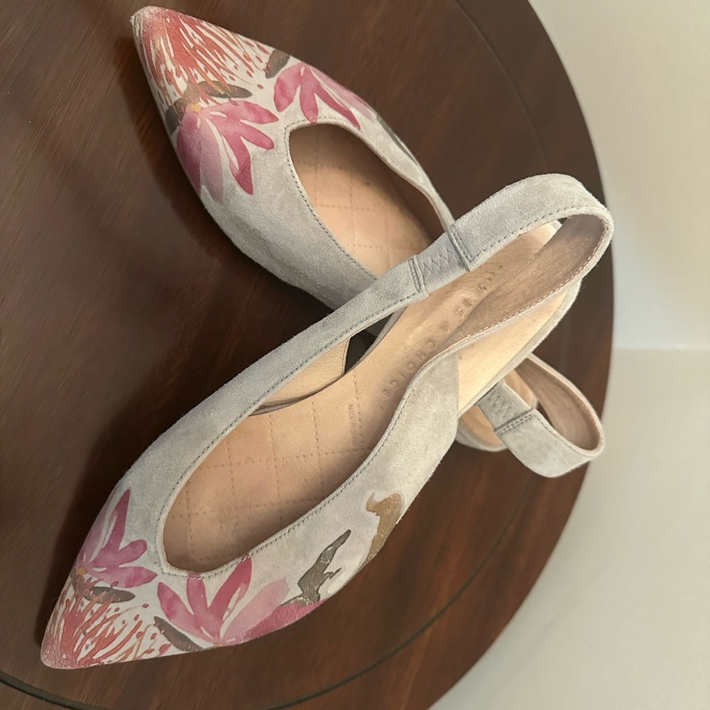 Gray and Pink Floral Ballet Flats with Ankle Strap